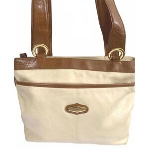Capezio Cream & Brown Shoulder Bag Tote Faux Leather Gold Ring Handles